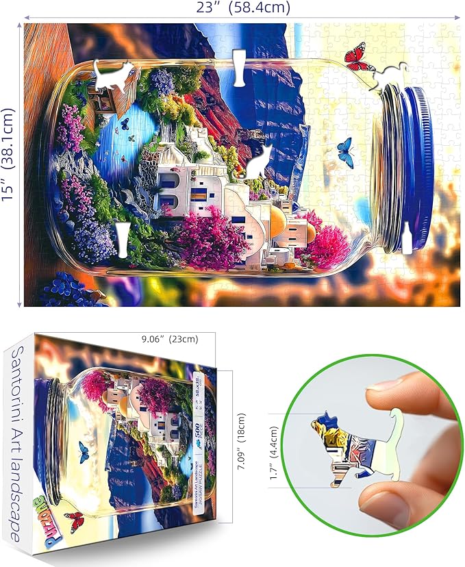 500 Piece Jigsaw Puzzles for Adults World in a Jar Santorini Landscape Puzzles with Letters on Back Fun Family Blue Greek Island Scenery Puzzle for Seniors & Adults