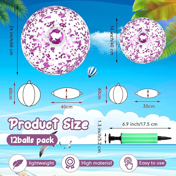 Lewtemi 12 Pcs Inflatable Glitter Beach Balls 16 Inch 24 Inch Shiny Giant Confetti Balls Swimming Pool Beach Blow up Balloon for Outdoor Summer Party Wedding Decor(Purple)