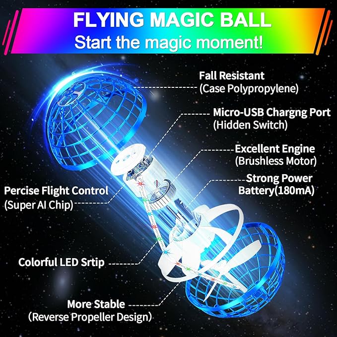 Flying Orb Ball Toy,2026 Upgraded Parachute LED,Magic Hand Controlled Flying Gravity Ball,Cosmic Globe Boomerang,Cool Christmas Birthday Gift for 6 7 8 9 10+ Year Old Boys Girls-Blue & Red