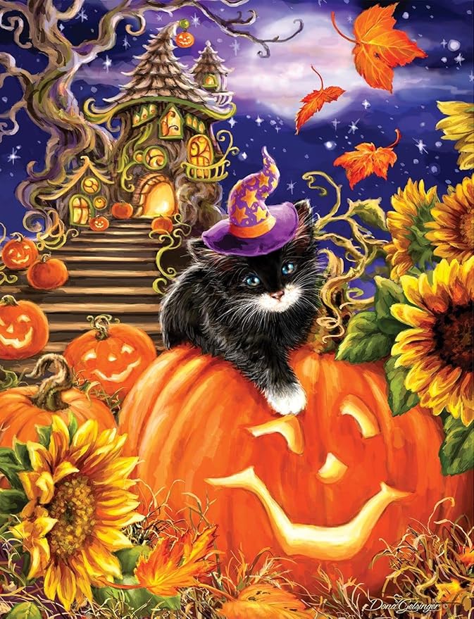 Springbok - Spellbound Night - 500 Piece Jigsaw Puzzle- Black Cat, Sunflowers and Pumpkins Usher in Halloween