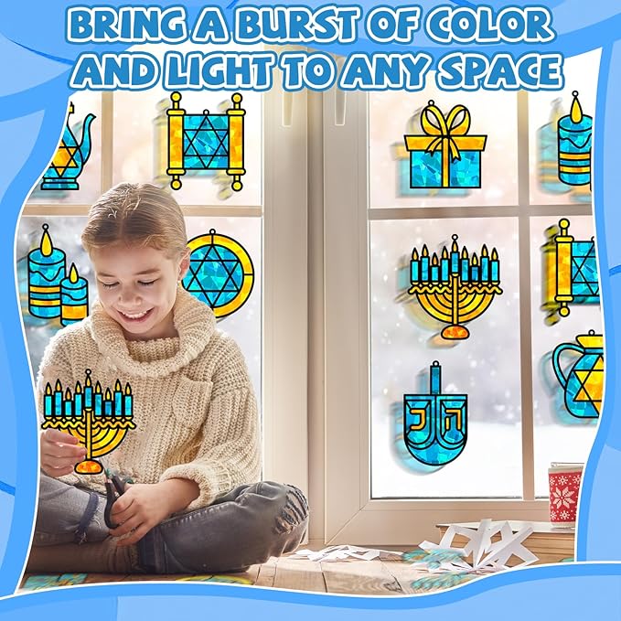 QOUBAI 32 Sets Hanukkah Suncatchers Craft Kit DIY Window Stained Glass Effect Chanukkah Paper Crafts for Home School Classroom Decoration Kid Birthday Gift Creative Art Project Activity Game