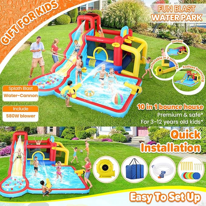 AKEYDIY Water Slide Bounce House,13×12.5ft Waterfall Waves Mega Water Slides Park |Inflatable Water Slide for Big Kids 8-12 &3-10,Large Pool,Blow Up Water Slide for Kids Backyard Outdoor