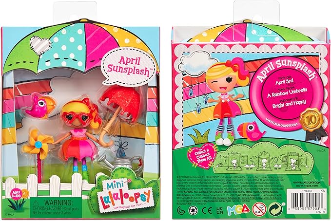 Lalaloopsy Mini Doll - April Sunsplash with Mini Pet Toucan, 3" Colorful Doll with Umbrella, Watering can & More Accessories in Reusable Package playset, for Ages 3-103,Multicolor,579083