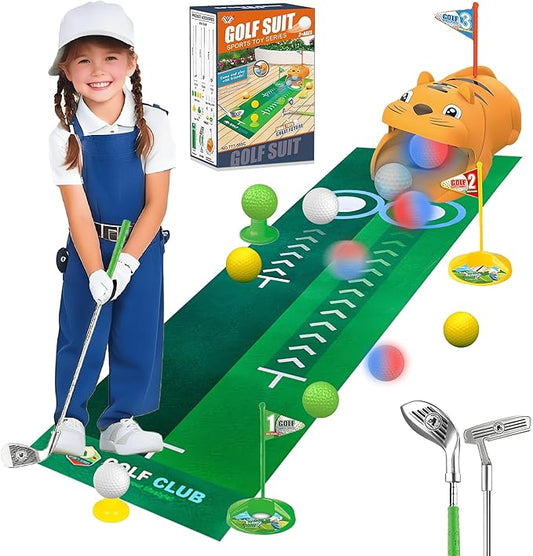 Toddler Golf Set with Tiger Automatic Returner, LED Light Up Balls, 3 Clubs, Putting Mat, BPA-Free 3-8 Years Kids Golf Set Yard Game Indoor Outdoor Sports Toys for Boys Girls Birthday Gifts