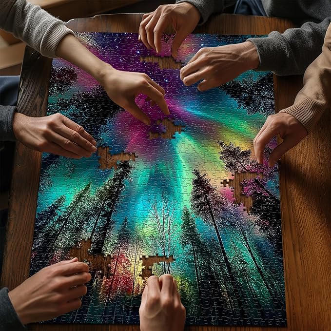 Impossible Puzzles for Adults 1000 Pieces, PICKFORU Forest Aurora Jigsaw Puzzle, Nature Scenery Colorful Puzzles Plant Scenic Challenge