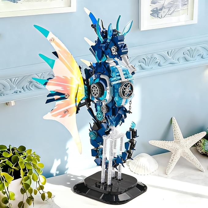 BNG Mechanical Seahorse Building Set for Adult,Movable Ocean Animal with Display Stand,Sea Fish Building Block Toy,Home Decor Gift for Adults Teens Kids Boys Ages 8+(1003PCS)