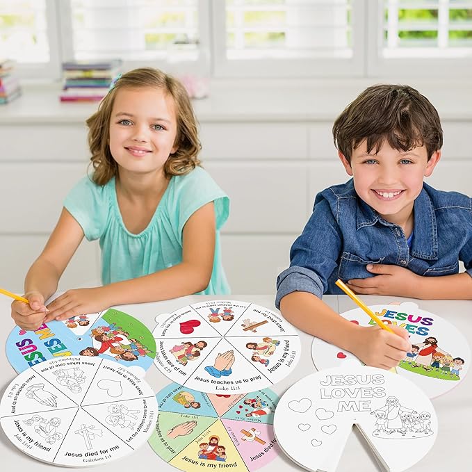 COcnny Religious Coloring Wheel Craft- 24 Sets Color Your Own Christian Art Craft DIY Coloring Cards for Kids, Jesus Loves Me Paper Craft Art for Sunday School Home Class Biblical VBS Activities
