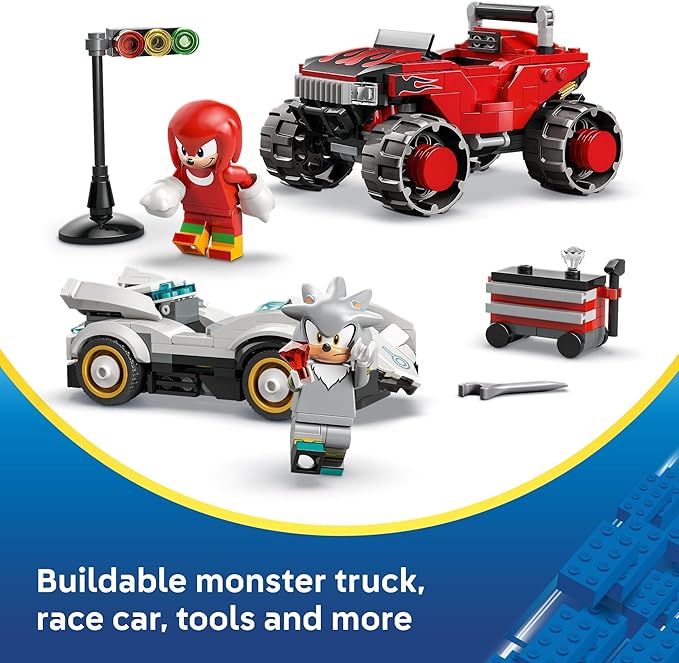 LEGO Sonic The Hedgehog Silver’s Car vs. Knuckles’ Monster Truck Building Toy for Boys & Girls - Racing Playset W/Silver & Knuckles Minifigures for Kids, Ages 8+ - Gift Idea for Birthdays - 77118