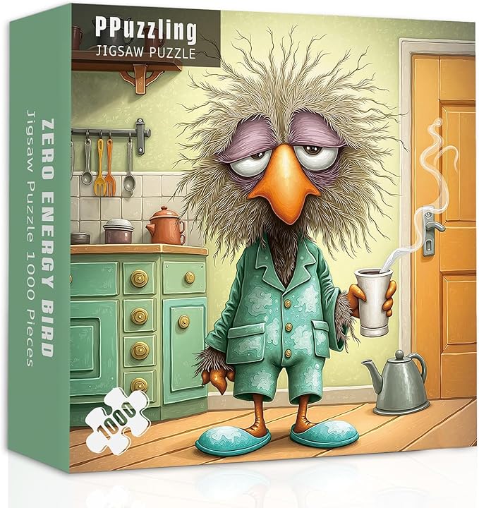 Funny Bird Puzzles for Adults 1000 Pieces, Cute Morning Coffee Birds Jigsaw Puzzles, Sleepy Tired Animal Puzzle