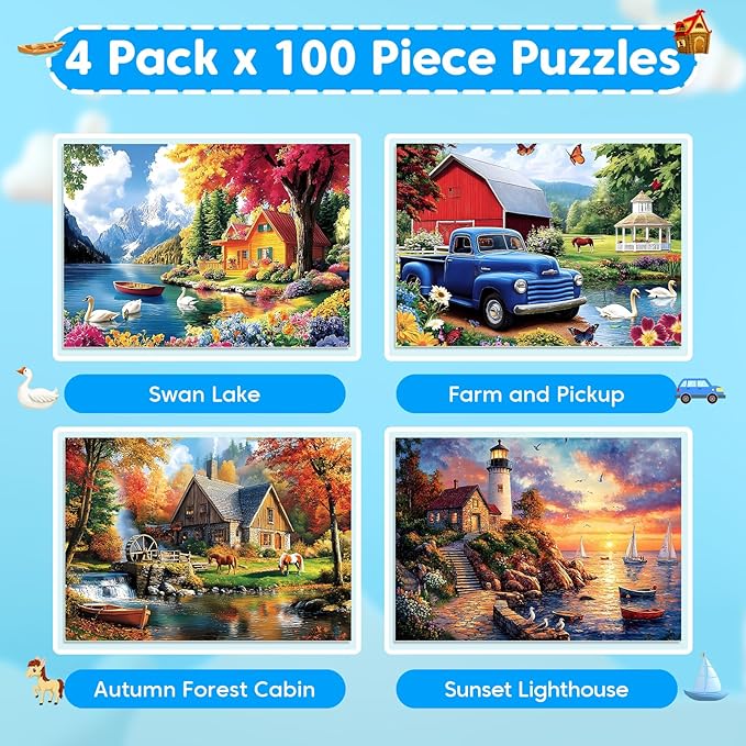 100 Piece Puzzles - 4 Themed Landscapes Large Piece Puzzles for Senior Adults Kids Puzzle Ages 5-8 Jigsaw Puzzle for Kids Ages 4-6 6-8 8-10 Year Old Educational Toys for Girls Boys 4-Pack