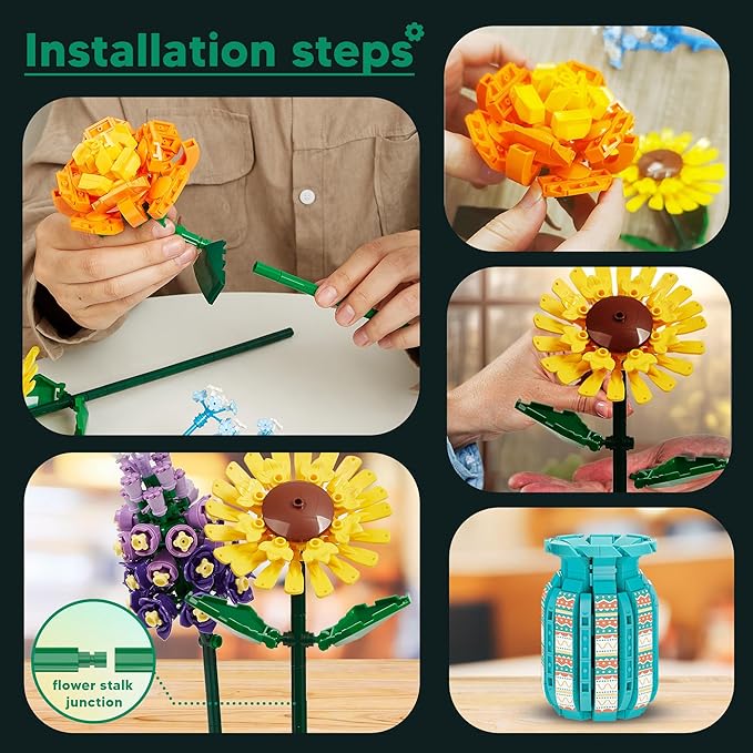 Flowers Bouquet Toys Building Blocks Set with Vase, Roses, Sunflower, Hyacinth, Hydrangea, Artificial Plants for Adults, Teen Girls, Home, Office Decor- 1853pcs