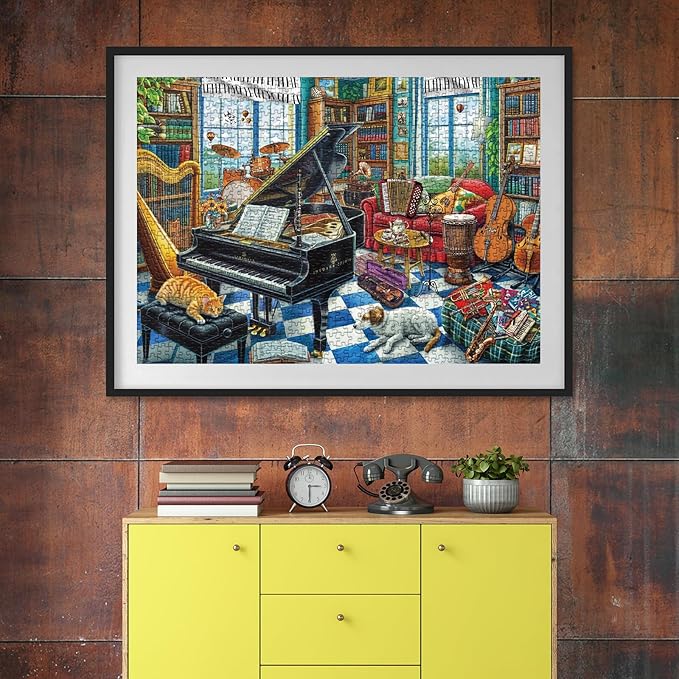 Music Room Puzzles for Adults 1000 Pieces, Pretty Musical Art Jigsaw Puzzles, Funny Cat Dog Puzzles