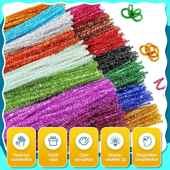GAGANIU 500pcs Pipe Cleaners, Pipe Cleaners for Crafts, Craft Supplies Multicolor Chenille Stems for Art&Craft Christmas DIY Projects(10colors,Glitter)