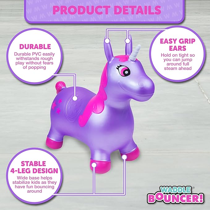 Waddle Bouncy Animal Hopper - Inflatable Hopping Animals, Indoors and Outdoors Fun, Pump Included, Riding Toys for Boys and Girls Ages 2 Years and Up, Purple Pink Unicorn