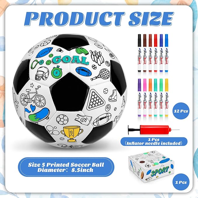 Size 5 Color Your Own Soccer Ball Black DIY Custom Craft Kit with Pump 12 Markers Personalized Youth Toddler Training Paint Your Own Toy Creative Gift for Kids (Black Soccer Ball, 5)