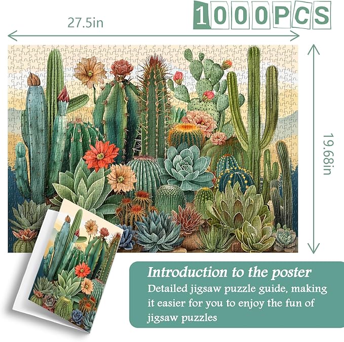 Vintage Cactus Plant Puzzles for Adults 1000 Pieces and up, PICKFORU Retro Succulents Puzzles as Home Decor, Flower Puzzle for Plant Lovers