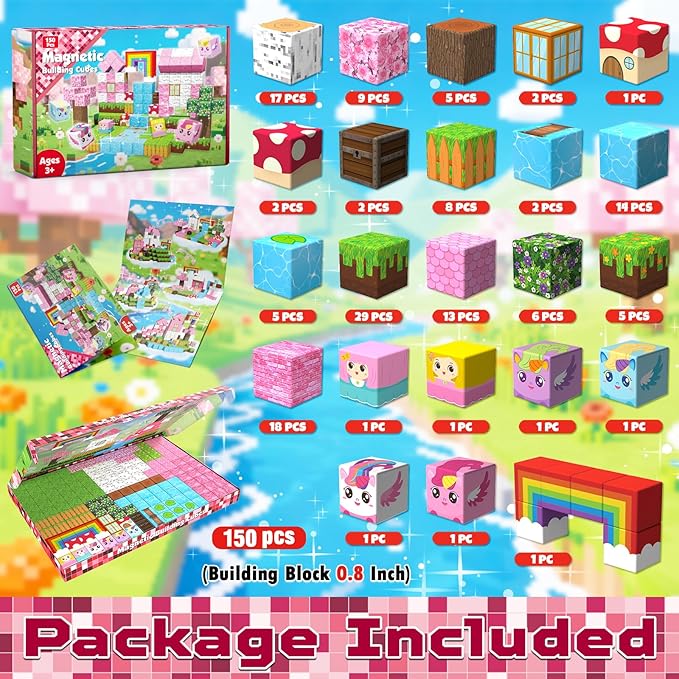 Goody King 150PCS Magnetic Blocks - Unicorn Magnetic Building Blocks, Stacking Magnets for Kids, Strong Magnets, Sensory Toy for STEM Learning Toys for Kids 3+ Boys and Girls Easter Birthday Gifts