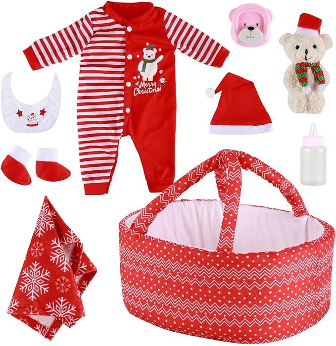 BABESIDE 9 Pcs Christmas Baby Doll Clothes with Bassinet for 10-11-12 Inch Babydolls, Baby Doll Accessories and Dolls Clothes fit Small Baby Dolls Girl, Babies Pretend Play Set