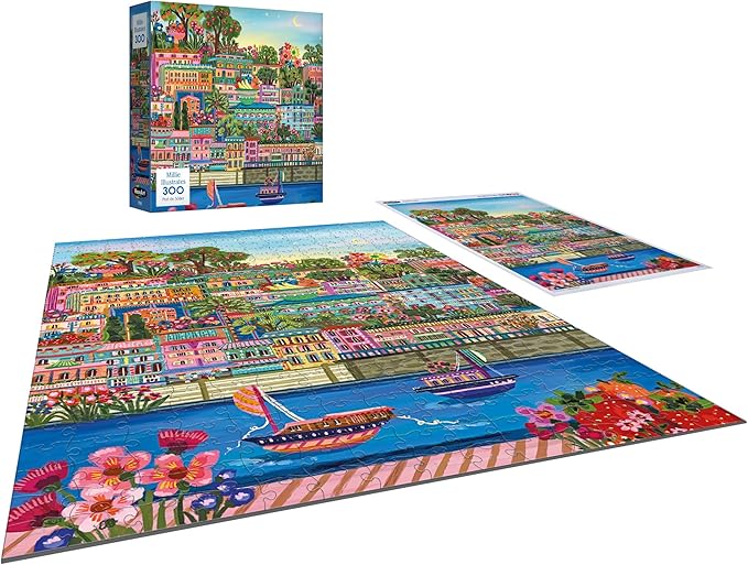 RoseArt - Millie Illustrates - Port De Soller Majorca, Spain - 300 Piece Jigsaw Puzzle, Mediterranean Port Scene