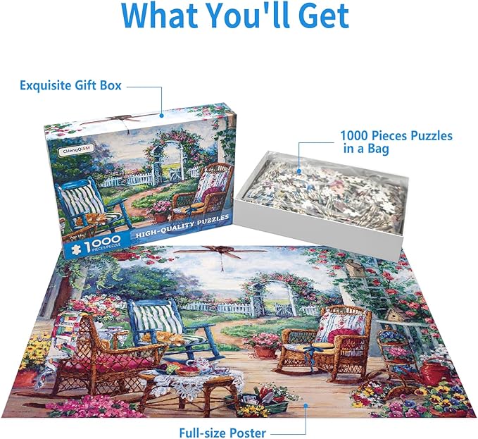 1000 Piece Puzzle for Adults, Cozy Patio Garden Puzzles for Adults 1000 Pieces Flower Garden Jigsaw Puzzles 1000 Pieces Romantic Floral Patio Oil Painting Puzzle for Teens Seniors Challenging Gift