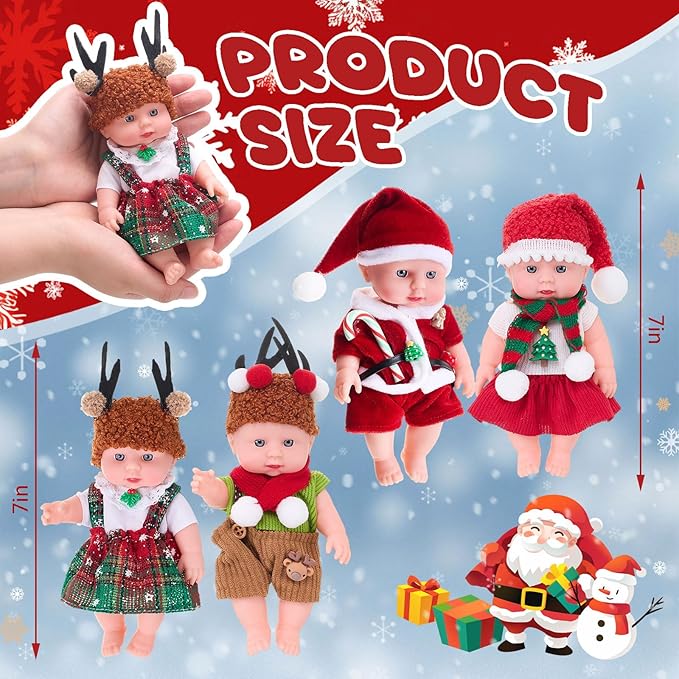 Halloscume 7 Inch Mini Baby Mini Reborn Doll Vinyl Full Body Lifelike Dolls Baby with Weighted Cloth Reborn Gift Set for Kids, Gifts for Christmas Kids(4 Pcs,Christmas)