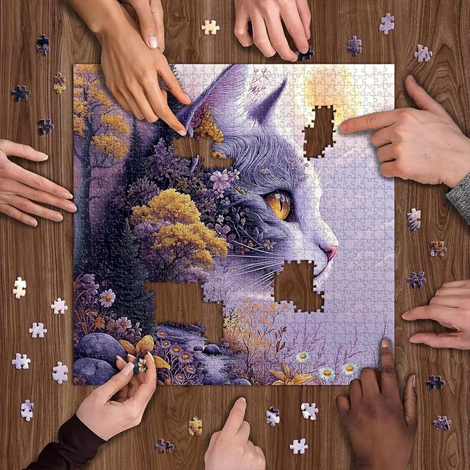 Fantasy Cat Puzzle for Adults 1000 Pieces,Moonlit Forest Cat Nature Puzzle,Dreamy Floral Kitten Landscape Puzzle,Impossible Purple Scenery Jigsaw Puzzle Challenge