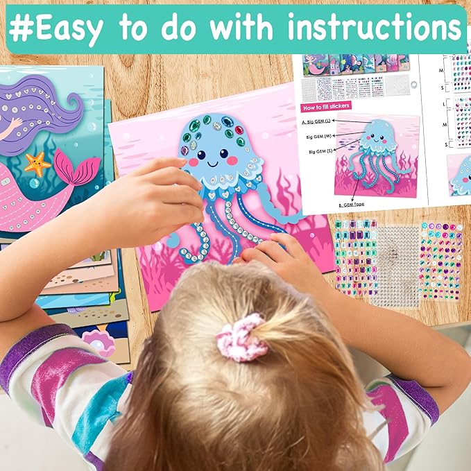 EZCRA Easy Mermaid Gem Sticker Crafts for Kids Ages 4-8 - 800 Sparkly Stickers, 8 Underwater Themes - Arts and Crafts for Kids, DIY Activity, Birthday Gift for Girls