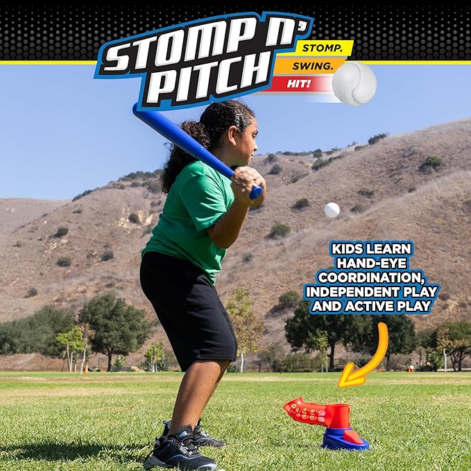 Stomp Rocket Stomp N Pitch Baseball Pitching Machine for Kids - Baseball Training Machines for Boys & Girls with Collapsible Bat, Launcher & 5 Balls - Outdoor Sports Gear & Toys - 6+ Year Olds