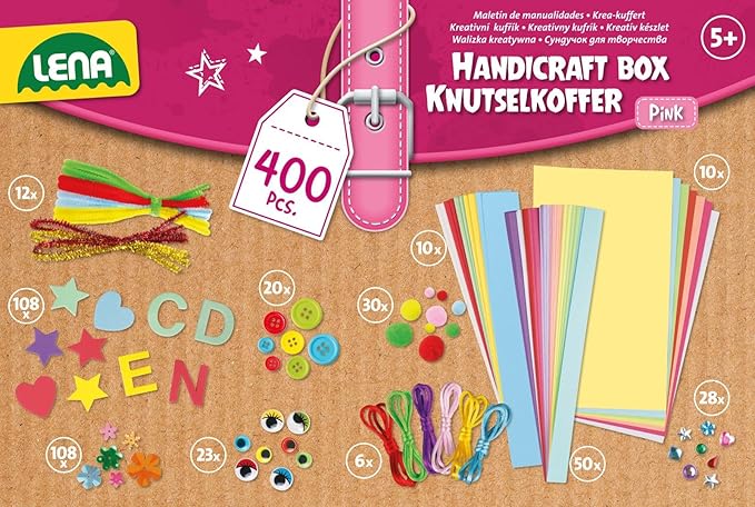 Lena Craft Case with 400 Pieces, Paper Foam Rubber, Pipe Cleaner, Rhinestones, Wiggle Eyes, Pompoms and Buttons, Pink & Purple, Suitable for Children Aged 5 Years and Up