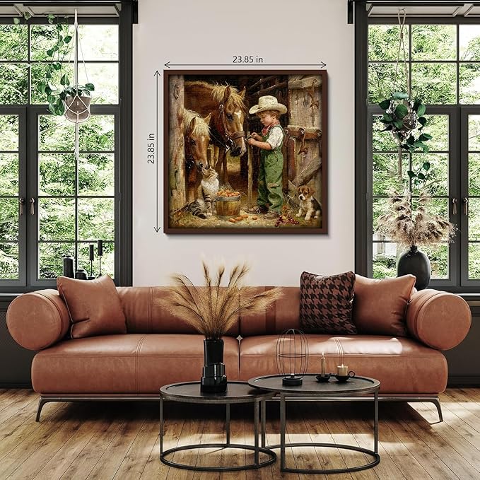 Country Farm Animals Puzzles for Adults 1000 Pieces, Vintage Cowboy Boy with Horses, Cat, Puppy Scene Jigsaw Puzzle, Challenging Rustic Barn Farmhouse Art Puzzle
