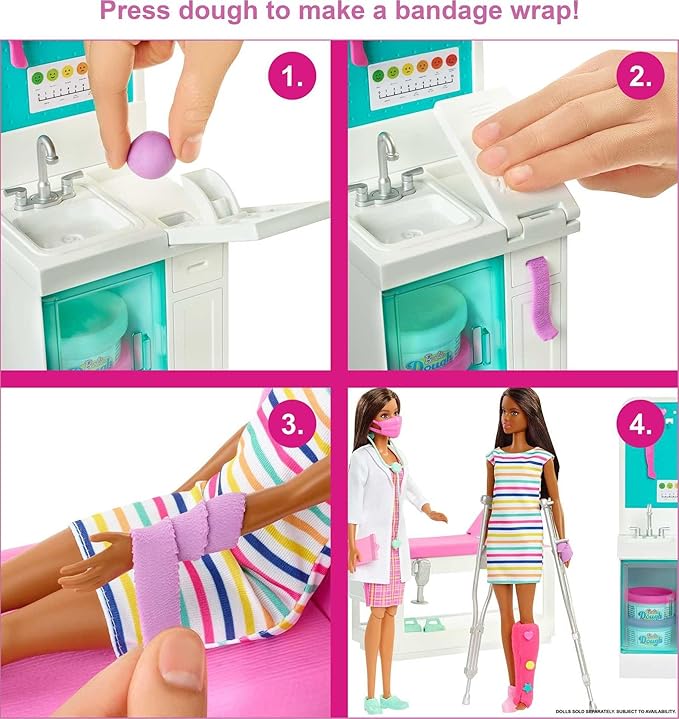 Barbie Fast Cast Clinic Playset, Brunette Barbie Doctor Doll, 30+ Play Pieces, 4 Play Areas, Cast & Bandage Making, Medical & X-ray Stations, Exam Table, Gift Shop & More, Great Toy for 3 Years & Up