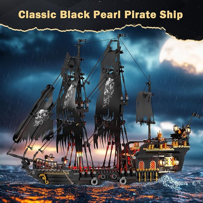 JMBricklayer Pirate Ship Building Toys with Lights, Pearl Pirate Ship Model Boat Kit 40002, Black Ship Toy Building Sets for Adult Teens 14+, Home Office Decor Valentines Gifts(1713 PCS) New Upgrade