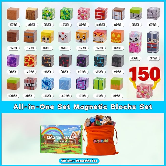 150 PCS Magnetic Building Blocks for Kids Magnet Build Cubes Toys Magnets STEM Montessori 0.8in Sensory Construction Game for Toddler Ages 3 4 5 6 7 8 9 10 Boys Girls Christmas Birthday Gifts