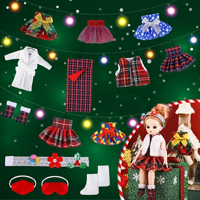 Sumind 14 Pieces Christmas Doll on Clothes Accessories Outfits Set Including Skirts, Bathrobe, Sleeping Bag, Fluffy Vest, Shirt, Scarf, Eye Cover and Boots for Xmas Doll Decor(Novel Style)