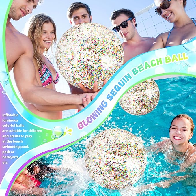 12 Pack 12 Inch Glow in The Dark LED Beach Ball Jumbo Confetti Glitters Inflatable Ball Swimming Pool Game for Party Pool Summer