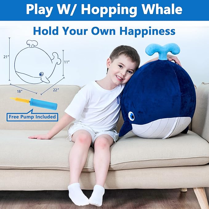 iPlay, iLearn Bouncy Pals Kids Whale Hopper Ball, Ride on Hopping Toy, Inflatable Plush Bouncing Animal W/Pump, Indoor Outdoor Riding Jumping Gift for 18 Month 2 3 4 5 Year Old Toddler Boy Girl Child