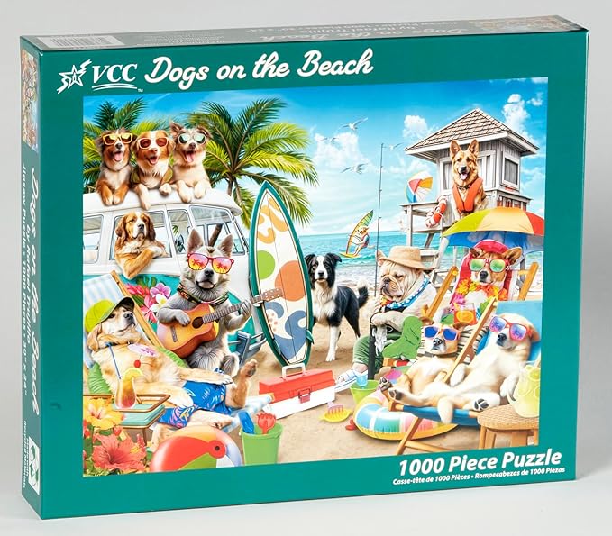 Dogs on The Beach Jigsaw Puzzle 1000 Piece by VCC - Cool Dog Puzzles for Adults & Families - Large Interlocking Pieces - 30" x 24"