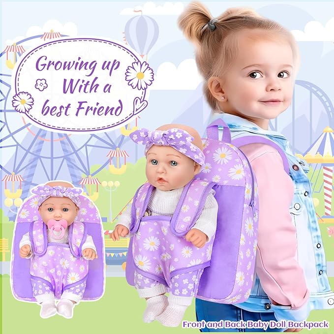 12" Flower Pattern Baby Doll With Backpack Carrier Can Store Clothes and Accessories,12 Inch Baby Dolls Set In Gift Box With Hanky Pacifier Bottle Pretend Baby Care Toy For Girl Child Toddler 3+ Gifts
