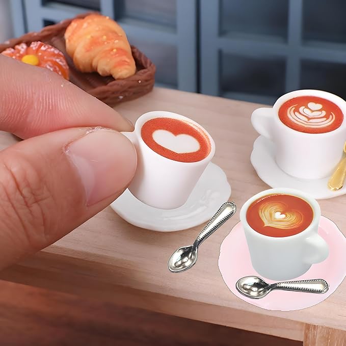 4Sets Kitchen & Dining Theme Miniature Dish Set – 1:12 Scale Plates,Spoons & Coffee Cups,Realistic Porcelain Tableware for Dollhouse,Miniature Dinner Accessories,DIY Display&Decorative Utensils (Pink)