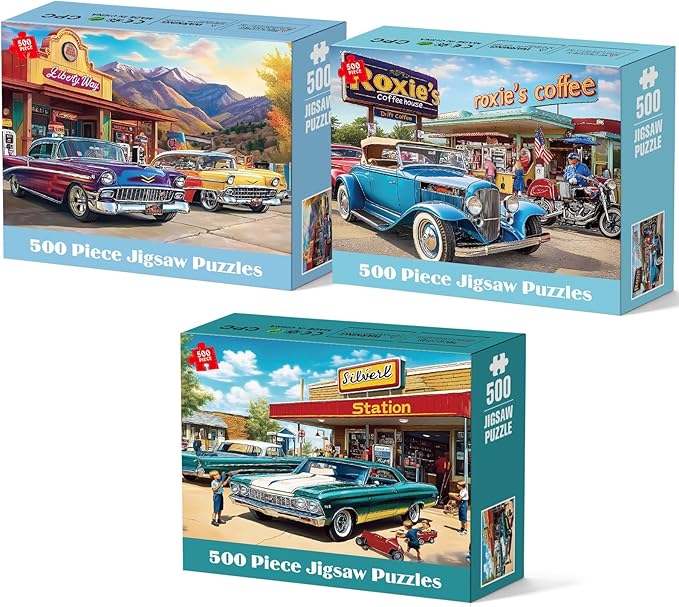 3 Pack 500 Pieces Jigsaw Puzzles, Retro 500 Piece Puzzles for Adults, Car Recycled Cardboard Puzzle for Seniors Teens, Interlock Perfectly Letter on Back, Home Decor Birthday Gift, 20.5 x 15 in
