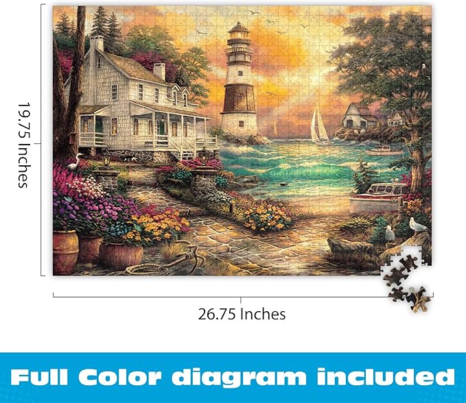 Buffalo Games - Chuck Pinson - Cottage by the Sea - 1000 Piece Puzzle for Adults, Serene Lighthouse Jigsaw with Poster, Premium Scenic Puzzle for Game Nights