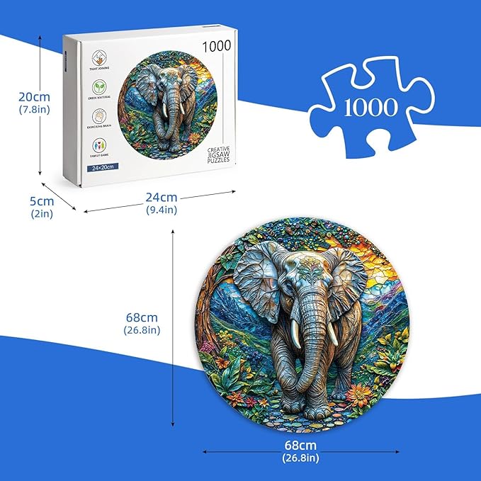 Round Jigsaw Puzzle 1000 Pieces - Majestic Elephant Art Design - 26.6" Circular Challenge, Wildlife Jungle Scene, Mindful Stress Relief Gift for Adults & Teens