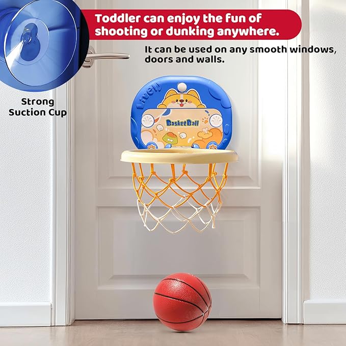 Basketball Hoop for Toddlers 1-3, Mini Indoor Basketball Hoop with Scorer, Easter Basket Stuffers for Toddler, Foldable Suction Cup Door Mount Toy, Inflatable Ball & Pump, Kids Easter Gift 2-4 Year