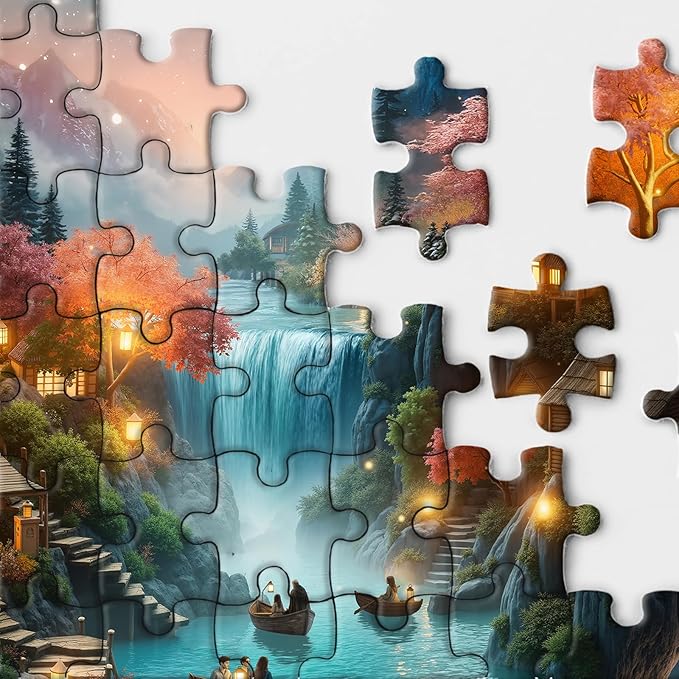 Fantasy Teacup Landscape Puzzles for Adults 1000 Pieces, Magic Starry Night Jigsaw Puzzle, Cottage Waterfall Boat Puzzle