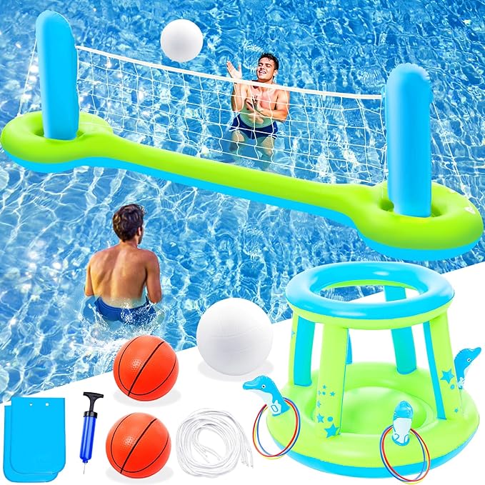 Jasonwell Pool Toys Games Set - 3 in 1 Pool Volleyball Net Basketball Hoop Ring Toss Game Inflatable Floats Water Floating Volleyball Swimming Pools Games Party Gift for Kids Adults (Green&Blue, L)