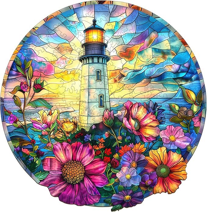 Wooden Puzzles for Adults - Stained Glass Lighthouse Wooden Puzzle, Unique Shape Wood Jigsaw Puzzle for Adults, Wood Puzzles Adult, Gifts for Family, Wall Art Home Decor (300pcs 13.4 * 13.1in L)