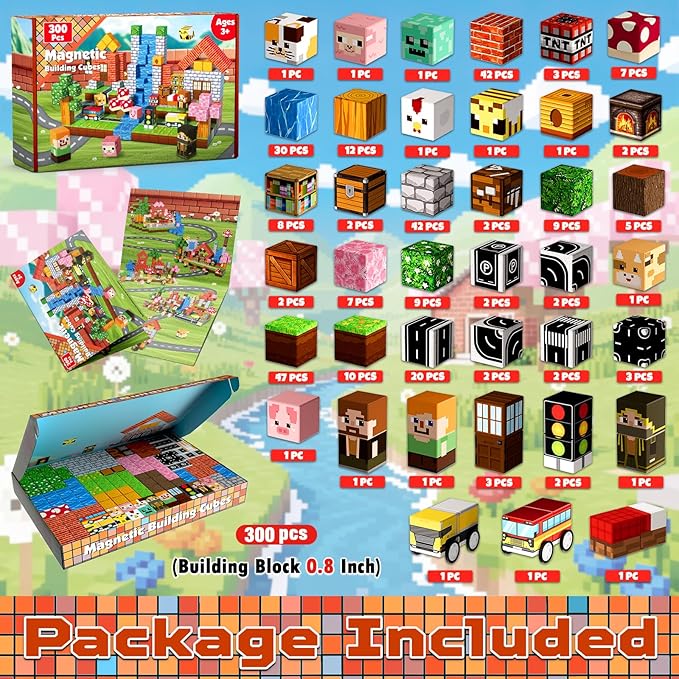 300 PCS Magnetic Blocks - Magnetic Building Block, Stacking Magnet Building Cubes for Kids, Magnetic Construction Toy for Boy Girl, STEM Montessori Sensory Toy Ages 3-12 Years Old Easter Birthday Gift