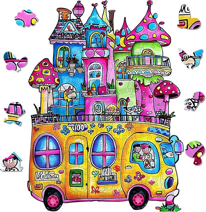 Delobil Wooden Puzzles for Adults, Car Jigsaw Puzzles 200 Piece, Unique Shape School Bus Puzzle for Adults and Kids, Fun Challenging House Puzzles Family Game Gift, 8.2 x15.2 Inches