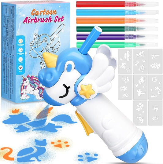 Unicorn Toys Air Brush Marker Sprayer Set, Art Supplies Kit, Art and Crafts for Kids Ages 8-12, 4 5 6 7 8 9 10 11 12 Year Old Girl Birthday Gifts, Includes 5 Washable Markers 8 Stencils