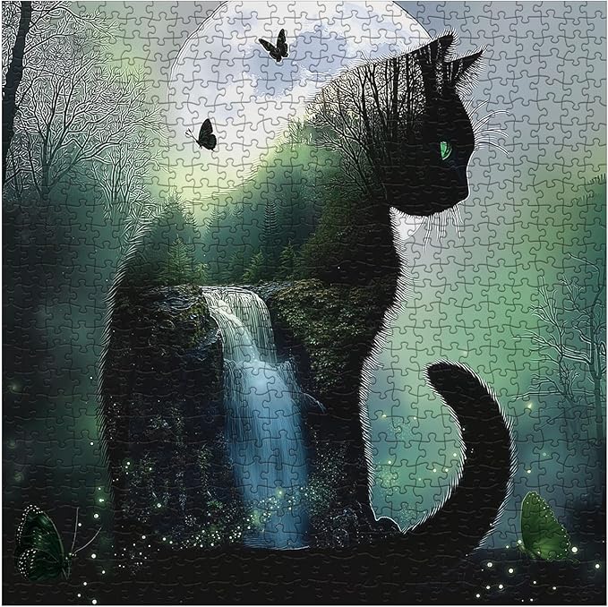 Cat Butterfly Puzzle for Adults 1000 Pieces, Challenging Animal Jigsaw Puzzle, Moon Mountain Tree Forest Kitten Puzzle